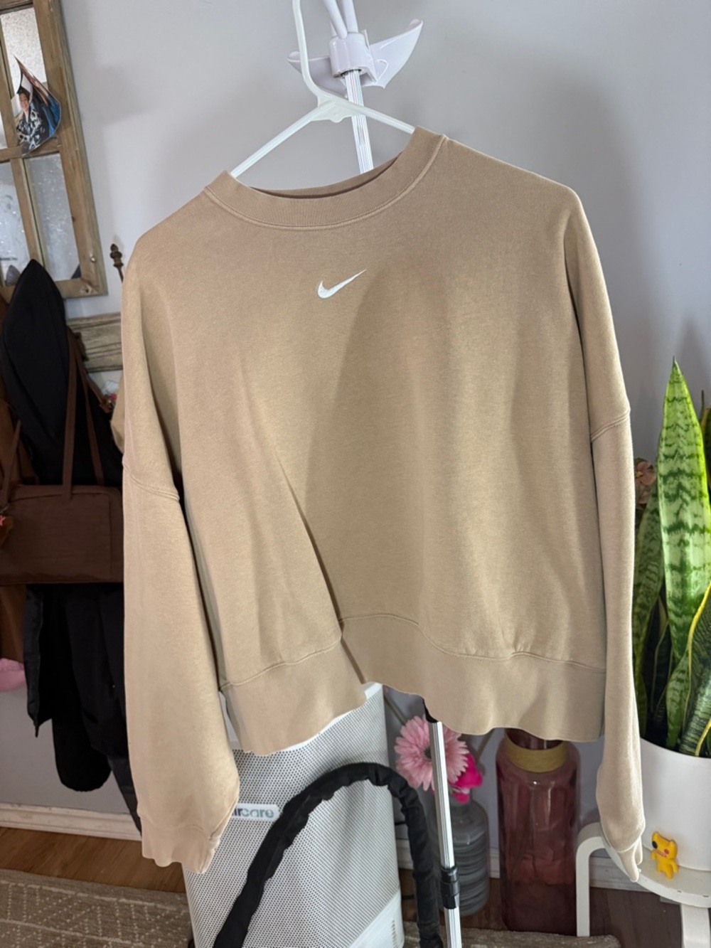 Nike Women's Beige Crewneck Sweatshirt with White Swoosh